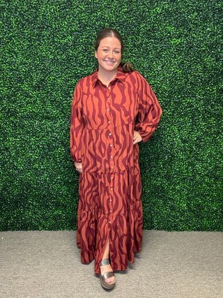Easel Rust Tone Long Sleeve  Zebra Maxi Dress