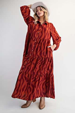 Easel Rust Tone Long Sleeve  Zebra Maxi Dress