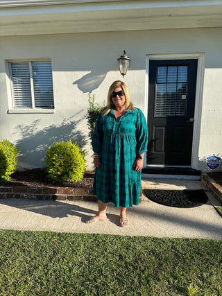 Solid Dotted V-Neck Collared Tiered Midi Dress with Long Balloon Sleeves