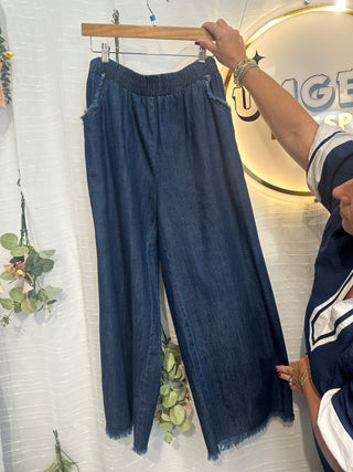 Washed Denim Fringe Hem Pants