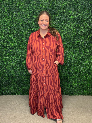 Easel Rust Tone Long Sleeve  Zebra Maxi Dress