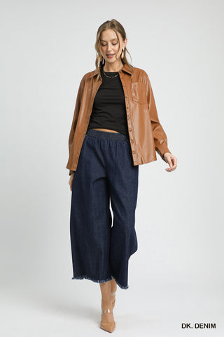 Washed Denim Fringe Hem Pants