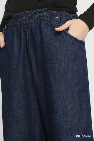 Washed Denim Fringe Hem Pants