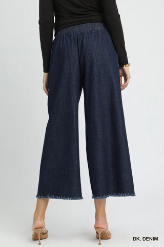 Washed Denim Fringe Hem Pants