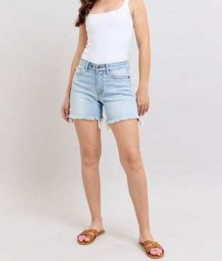Judy Blue Double Button Fray Hem Mid Rise Light Wash Denim Short