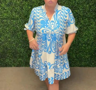 Blue Scrolls Mini Dress