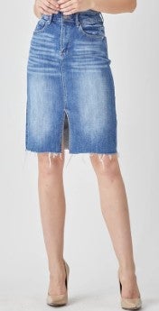 Risen High-Rise Denim Pencil Skirt