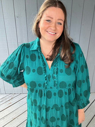 Solid Dotted V-Neck Collared Tiered Midi Dress with Long Balloon Sleeves