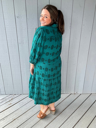 Solid Dotted V-Neck Collared Tiered Midi Dress with Long Balloon Sleeves