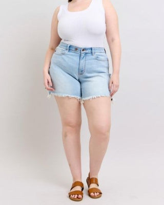 Judy Blue Double Button Fray Hem Mid Rise Light Wash Denim Short