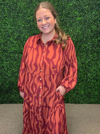 Easel Rust Tone Long Sleeve  Zebra Maxi Dress