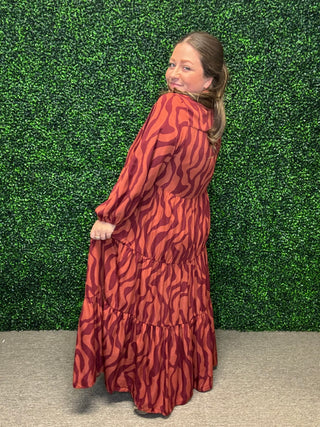 Easel Rust Tone Long Sleeve  Zebra Maxi Dress