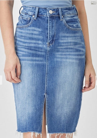 Risen High-Rise Denim Pencil Skirt