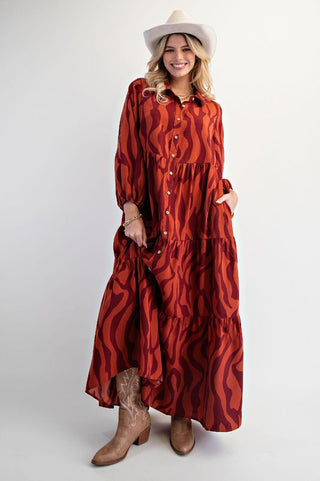 Easel Rust Tone Long Sleeve  Zebra Maxi Dress