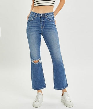 Risen High Rise Distressed Ankle Flare Jean