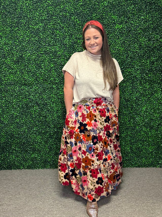 Floral Velvet Tiered Maxi Skirt
