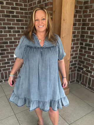 Easel Ruffle Bottom Chambray Dress