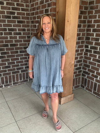 Easel Ruffle Bottom Chambray Dress
