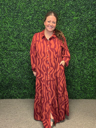 Easel Rust Tone Long Sleeve  Zebra Maxi Dress