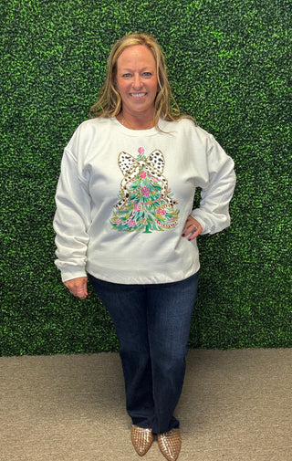 Holiday Tree Sweatshirt with Leopard Bow