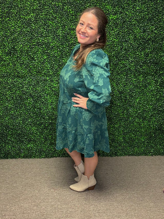 Green Jacquard Babydoll Dress-Umgee