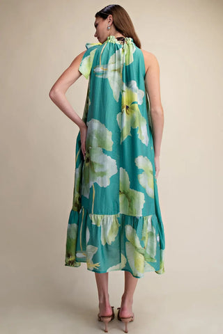 Glam Ruffle Neck Tie Floral Midi Dress