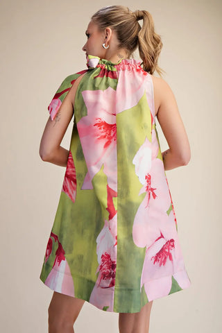 Glam Floral Ruffle Neck Tie Mini Dress