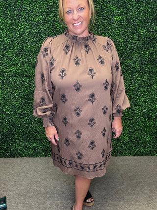 Brown Embroidered Mini Dress