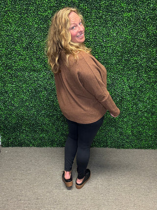 Ultra Soft Semi-Crop Brown Waffle Knit Top