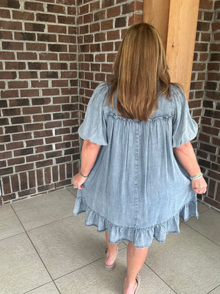 Easel Ruffle Bottom Chambray Dress