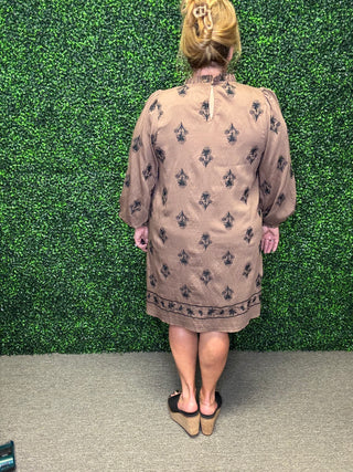 Brown Embroidered Mini Dress