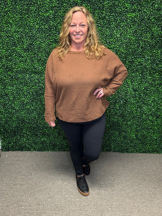 Ultra Soft Semi-Crop Brown Waffle Knit Top