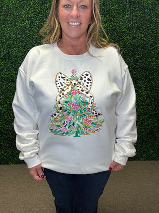 Holiday Tree Sweatshirt with Leopard Bow