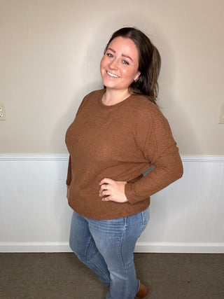 Ultra Soft Semi-Crop Brown Waffle Knit Top