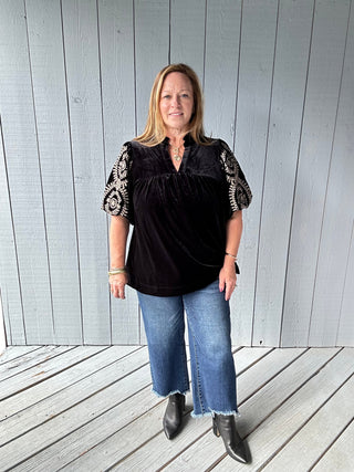 Velvet Embroidered Sleeve Top