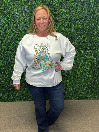 Holiday Tree Sweatshirt with Leopard Bow