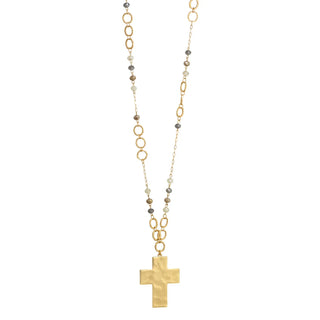 Gold Cross & Grey Crystal Necklace