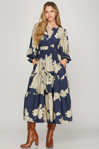 Navy Blossom Midi Dress