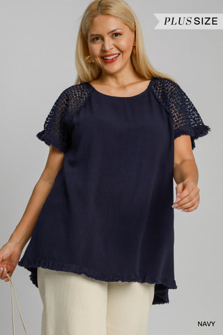 Linen Blend Floral Crochet Detailed Short Sleeve Round Neck Top with Fringed Hem