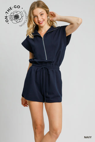 Solid Navy Quarter-zip Romper