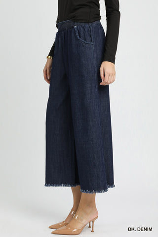 Washed Denim Fringe Hem Pants