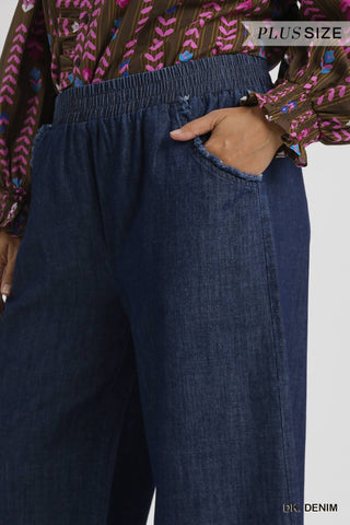 Washed Denim Fringe Hem Pants