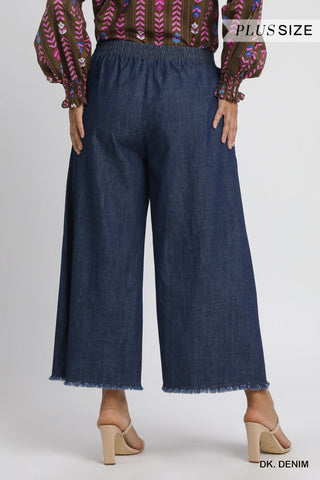 Washed Denim Fringe Hem Pants
