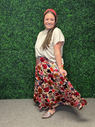 Floral Velvet Tiered Maxi Skirt