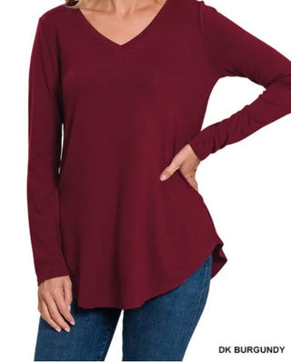 Long Sleeve V-Neck Round Hem Top *Final Sale*