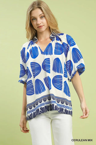 Umgee Shell Block Border Print Blouse