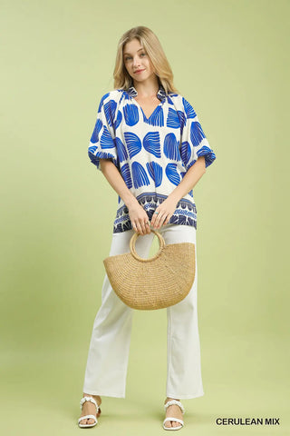 Umgee Shell Block Border Print Blouse