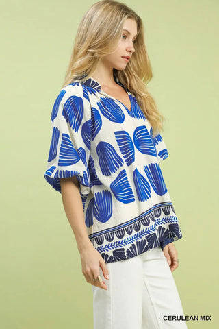 Umgee Shell Block Border Print Blouse