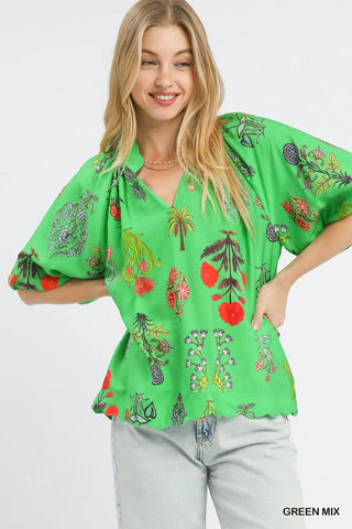 Umgee Floral Encyclopedia Print Blouse