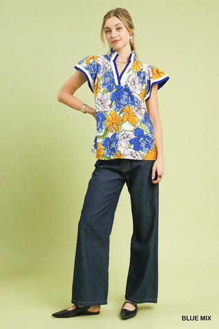 Umgee Floral Blouse with Contrast Trim